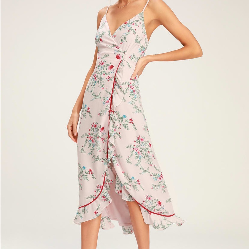 Darling Date Blush Floral Print Ruffled Wrap Dress